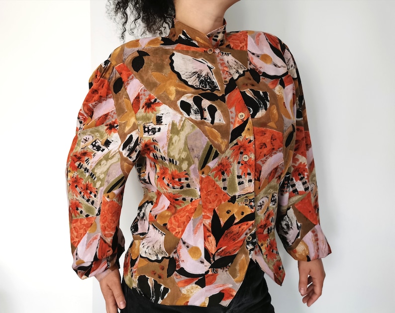 Sea Bottom Theme Top Earthy Colors and Pastel Pink Blouse Vintage 80/'s Boho Blouse with Puff Sleeves Novelty Print Top Hipster Print Top