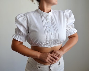 Vintage White Cotton Dirndl Blouse: Oktoberfest Crop Top, Puffy Sleeves (42 DE/12 US)