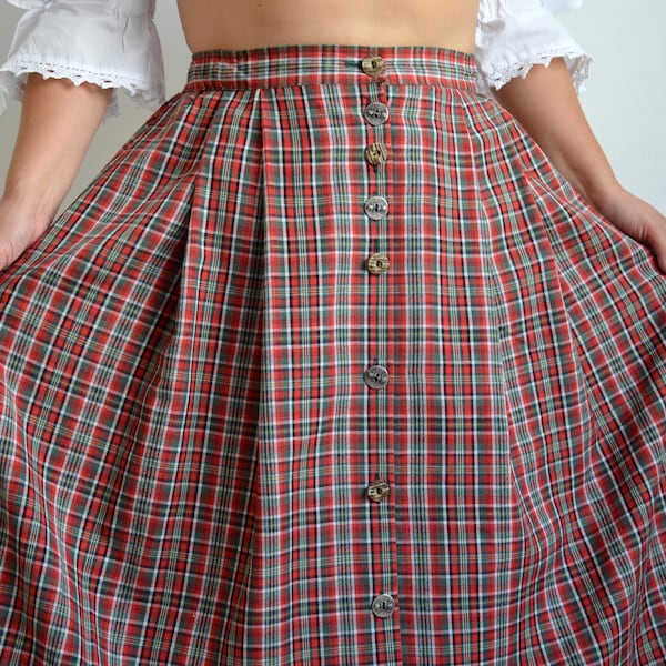 jupe folk tartan vintage des années 90, jupe Check Pattern Dirndl, jupe boutonnée vert rouge, Tracht/Paysan/autrichien/bavarois/Oktoberfest, taille L