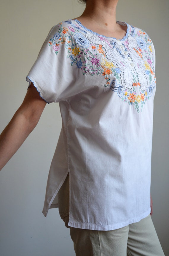 Vintage Embroidered Peasant Blouse, White Folk Bl… - image 5