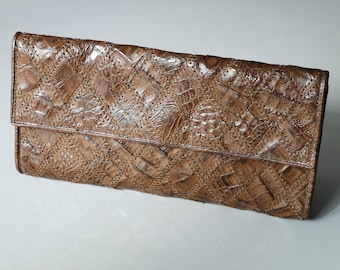 Vintage 70s Crocodile Print Leather Clutch: Handmade Evening Bag
