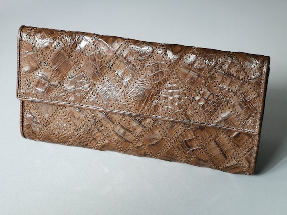 Pochette Vintage Années 60 En Cuir Crocodile Marron – Pour Femme, Occasion Bon état, Fabriquée En France