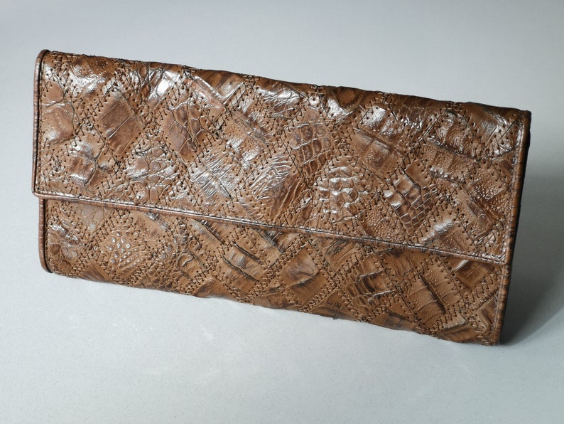 Vintage 60s Genuine Leather Clutch, Brown Leather Clutch, Crocodile Print Bag, Patchwork Leather Evening Bag, Evening Purse, Made in Germany image 1