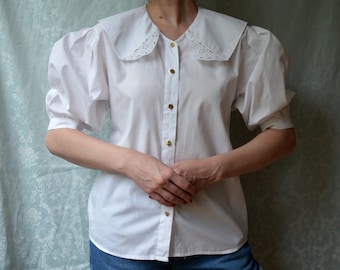 Blusa vintage de algodón de los años 90, cuello marinero, mangas abullonadas, talla 38 DE