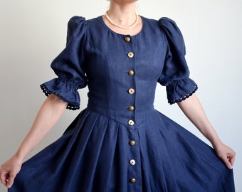 Vintage Navy Blue Austrian Dress with Puffy Sleeves, Linen Folk Dress, Button Down Full Length 100% Linen Dress, Traditional Cottage core