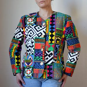 Vintage 80s Gerry Weber Blazer Jacket, Abstract Patchwork Pattern, Multi-Color Statement Blazer, size 42 DE