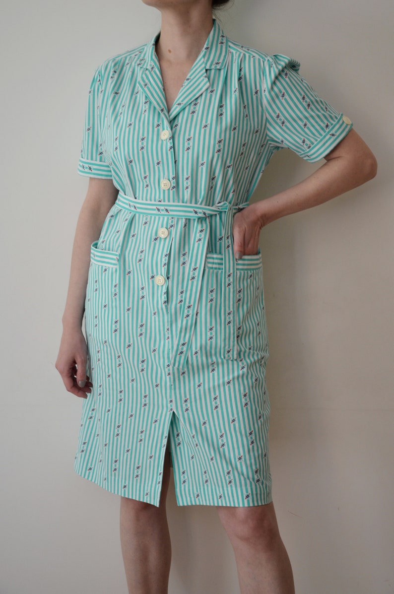 Vintage 80's Striped Dress, Marine Theme Summer Dress, Turquoise Green & White Dress, Belted Dress, Below the Knee Dress, Short Sleeve Dress image 2