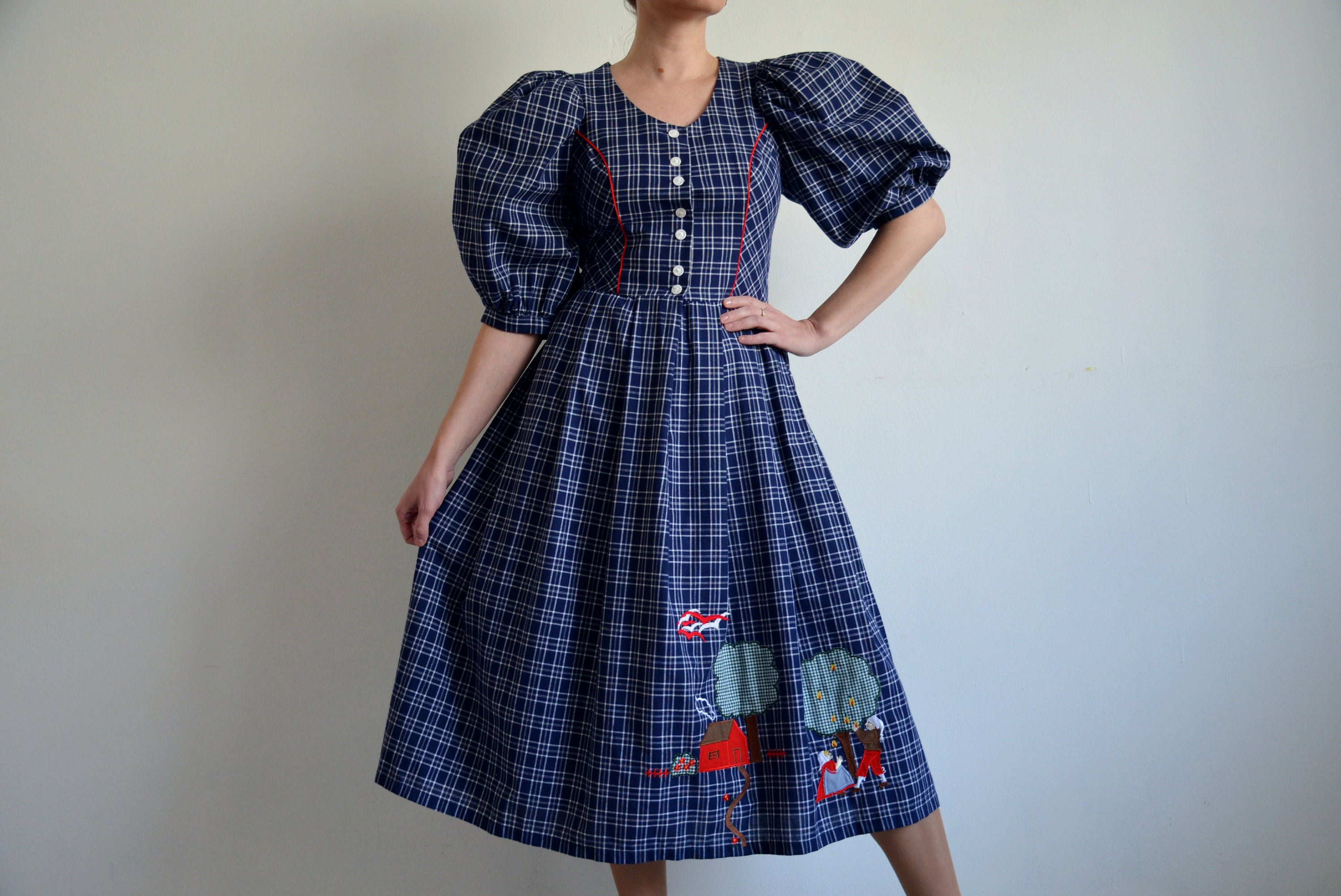 Austrian Patterns Retro Vintage 80s Austrian Folk Dress With Puff Sleeves, Scenery Peasant ...