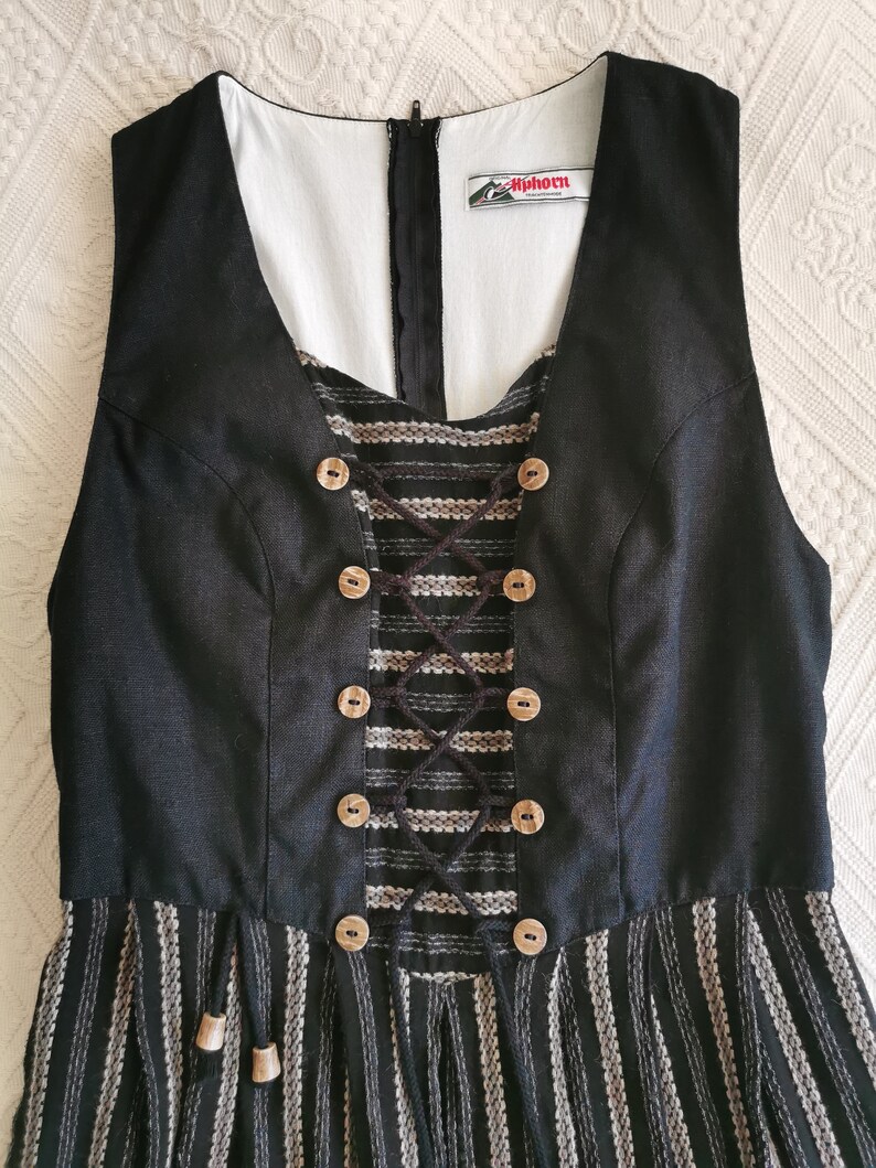 Vintage 90s Linen Austrian Dress, Folk Pinafore Dress, Black & Beige Striped, Bohemian/Festival/Trachten/Peasant/Oktoberfest Dress, size 46 image 7