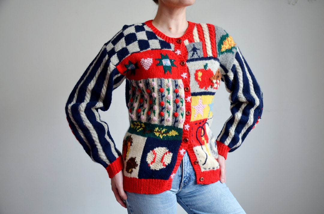 Vintage Americana Hand Knit Wool Cardigan, Novelty 90s Sweater - Etsy