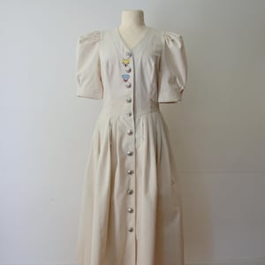Vintage Austrian Folk Dress with Puffy Sleeves, Cream Linen Blend Midi Dress, Floral Embroidery Peasant Dress, Cottage core style, size M