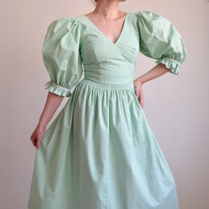Vintage Austrian Green & White Striped Folk Dress with Puffy Sleeves, SPORTALM Cottage core Midi Dress, 80s Peasant Dress, Oktoberfest
