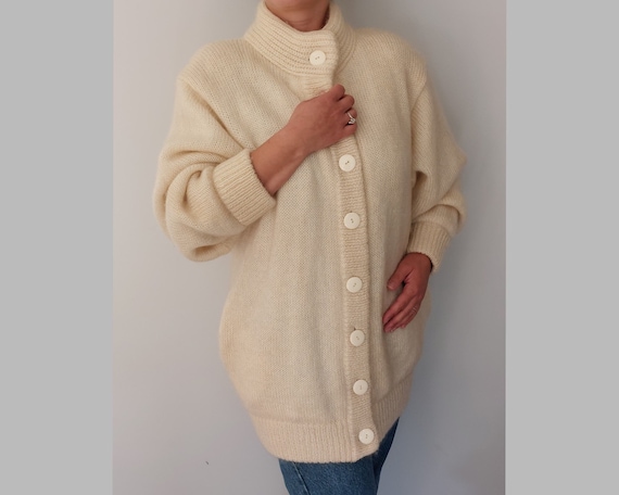 Vintage 80's Creamy White Cardigan, Mohair Wool K… - image 1