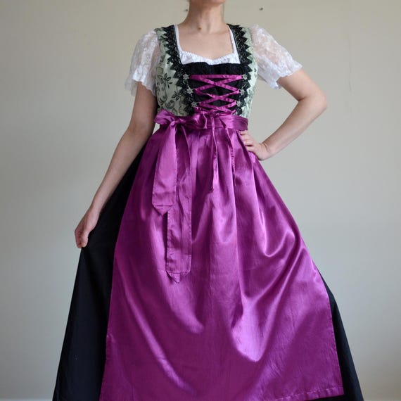 purple dirndl dress Vintage Dirndl Dress With Apron, Black and Purple Oktoberfest Folk Dress,  Size 40