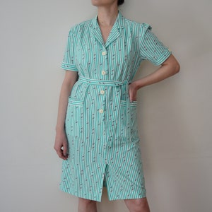 Vintage 80's Striped Dress, Marine Theme Summer Dress, Turquoise Green & White Dress, Belted Dress, Below the Knee Dress, Short Sleeve Dress image 3