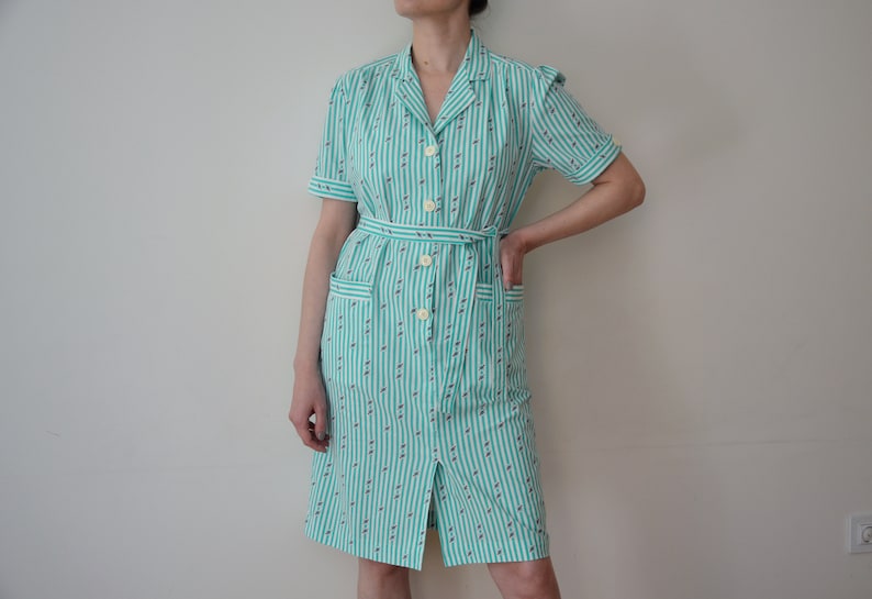 Vintage 80's Striped Dress, Marine Theme Summer Dress, Turquoise Green & White Dress, Belted Dress, Below the Knee Dress, Short Sleeve Dress image 3