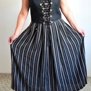 Vintage 90s Linen Austrian Dress, Folk Pinafore Dress, Black & Beige Striped, Bohemian/Festival/Trachten/Peasant/Oktoberfest Dress, size 46 image 2