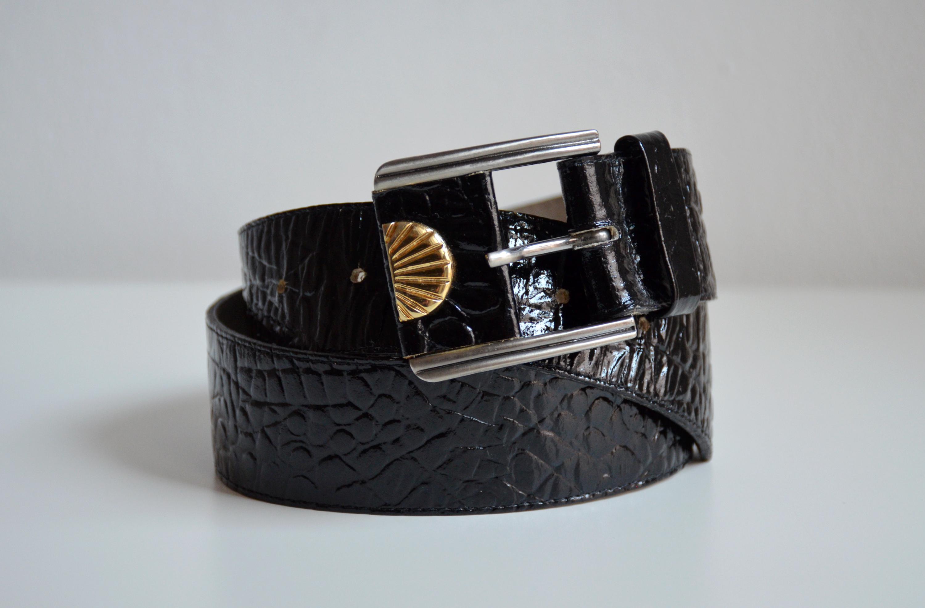 Vintage 80s Black Patent Leather Belt, Croc Embossed, Made 