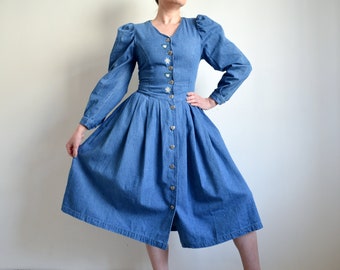 Vintage 90s Cottage Core Dress with Puffy Sleeves, Blue Denim Folk Dress, Embroidered Trachten Dress, Bohemian/Country/Bavarian/German Dress