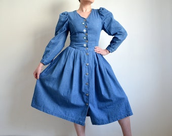Vintage 90s Denim Dirndl Dress, Embroidered Edelweiss, Puffy Sleeves