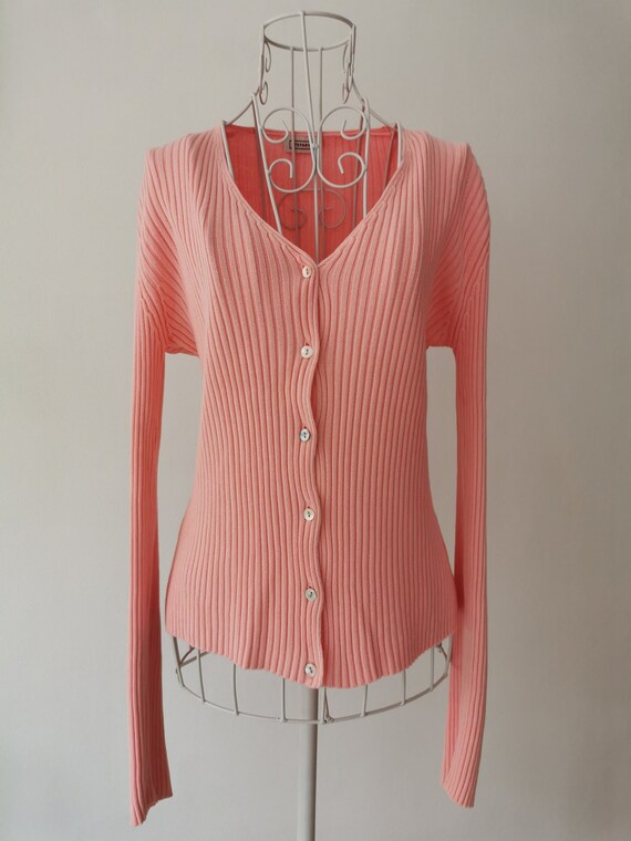 90's STEFANEL Pink Ribbed Knit Cardigan Sweater. V