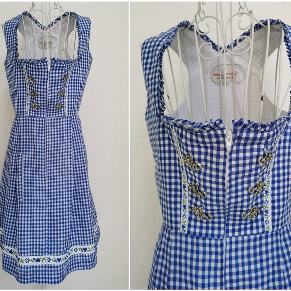 Vintage Dirndl Dress, Check Print Dirndl Dress, Blue White Folk Dress, Trachten/Peasant/Tyrolean/Bavarian/Festival/Oktoberfest, size 36 DE