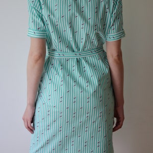 Vintage 80's Striped Dress, Marine Theme Summer Dress, Turquoise Green & White Dress, Belted Dress, Below the Knee Dress, Short Sleeve Dress image 5