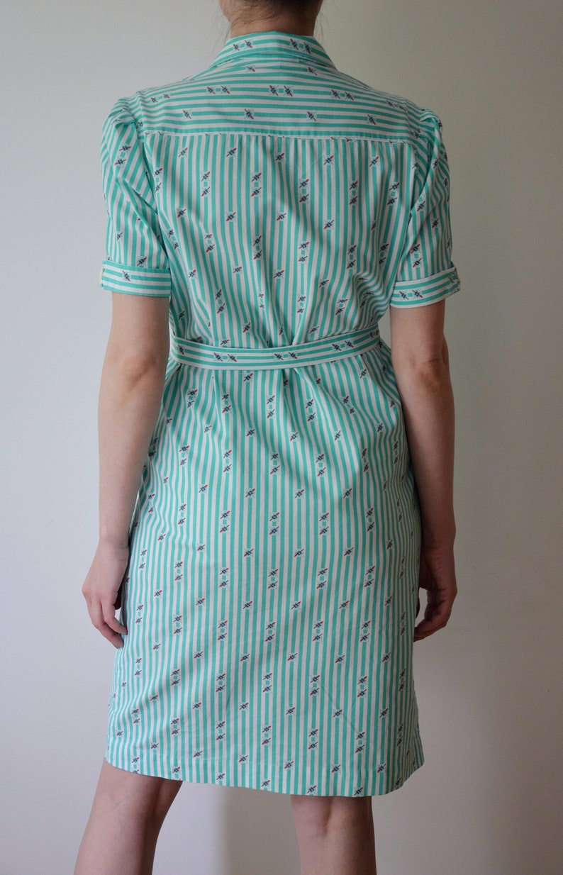 Vintage 80's Striped Dress, Marine Theme Summer Dress, Turquoise Green & White Dress, Belted Dress, Below the Knee Dress, Short Sleeve Dress image 5