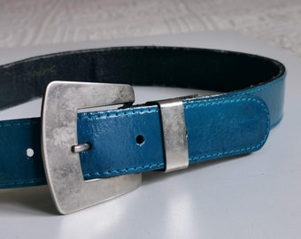 Vintage Y2K Teal Blue Patent Leather Belt, Silver Buckle