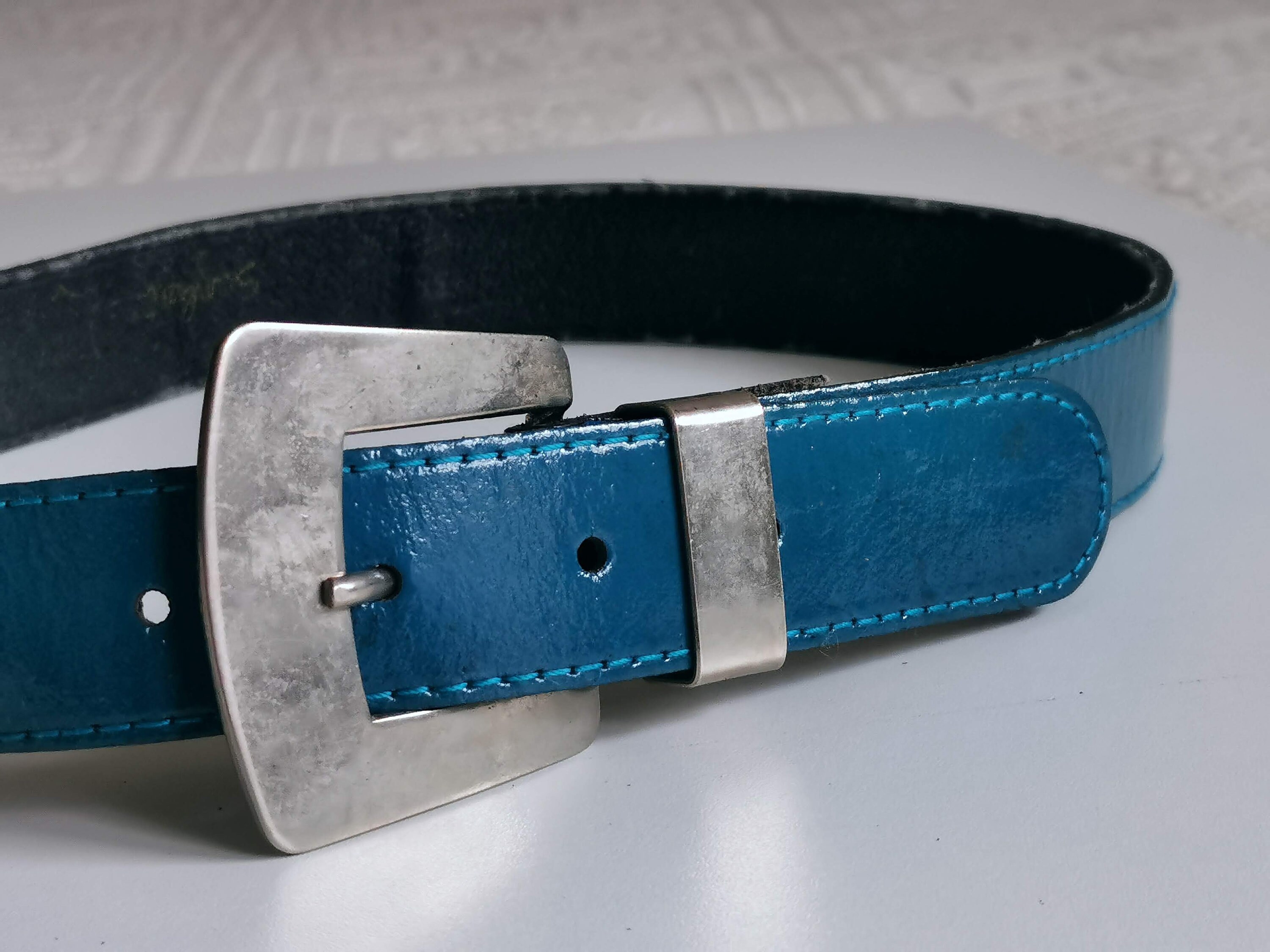 Blue Asphalt Vintage Y2K-era Brown Leather Belt with Silver Buckle Large Vintage Y2K Teal Blue Patent Leather Belt, Silver Buckle - Etsy main image 4