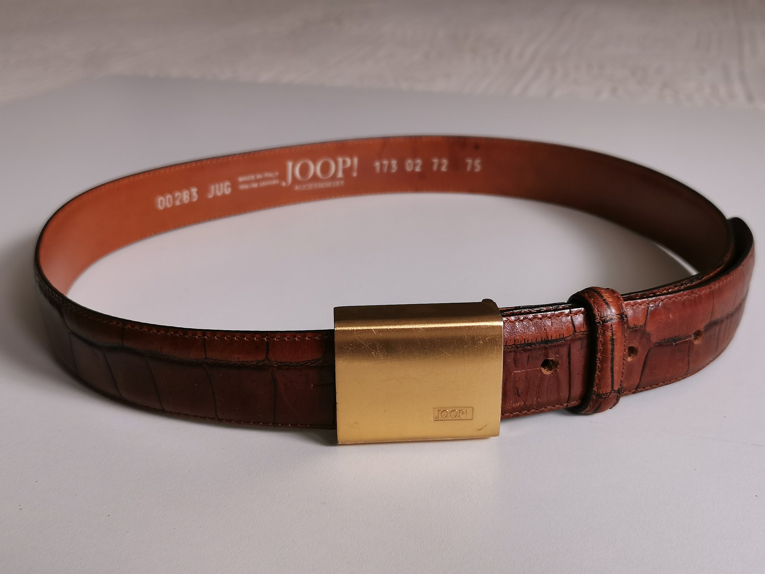 Vintage JOOP! Embossed Brown Leather Belt, Gold Buckle, Made  display picture 3