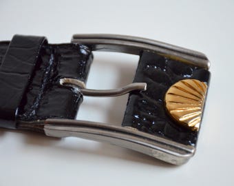 Vintage Black Patent Croc Embossed Patent Leather Belt Wide Statement Buckle 80s Vintage 80s Black Patent Leather Belt, Croc Embossed, Made  main image 4