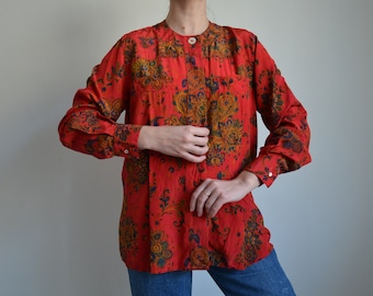 Vintage 80s Bright Red Silk Blouse, Pure Silk Vintage Blouse, Floral Print Buttoned Silk Shirt, Boho Silk Blouse, Made in Italy, size L