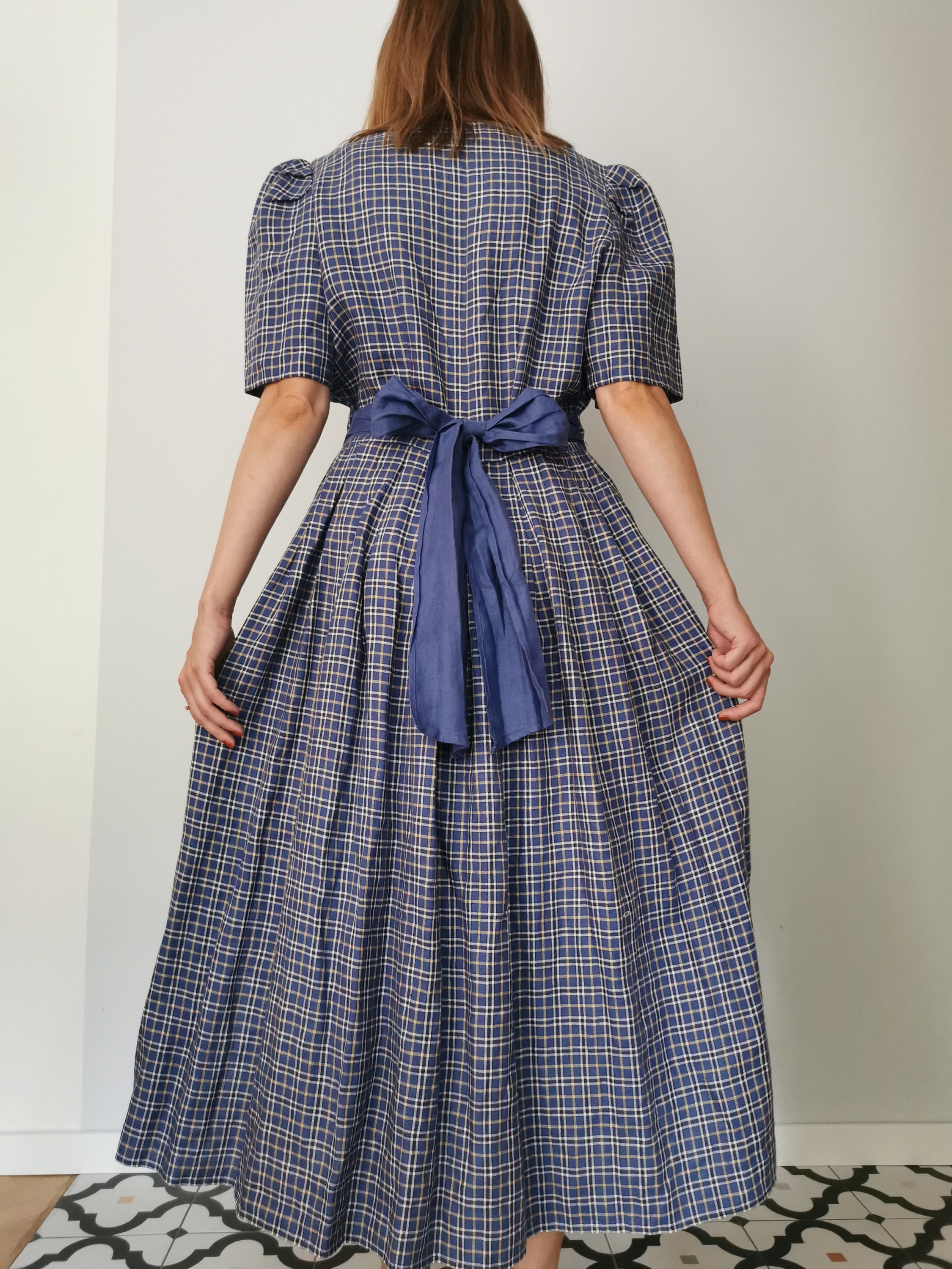 Vintage 90's Linen Dirndl Dress Button up Checked Dirndl - Etsy