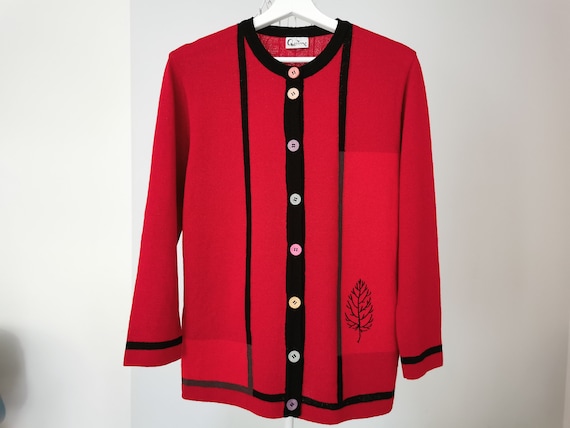 Vintage 90s Cardigan, Red and Black Wool Cardigan, Color Block 