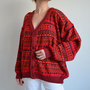 Vintage 90s Red Pattern Wool Cardigan, V-Neck Wool Knit Sweater, Button Down Grandpa Sweater, Baggy Wool Sweater, Chunky Hipster Cardigan image 3