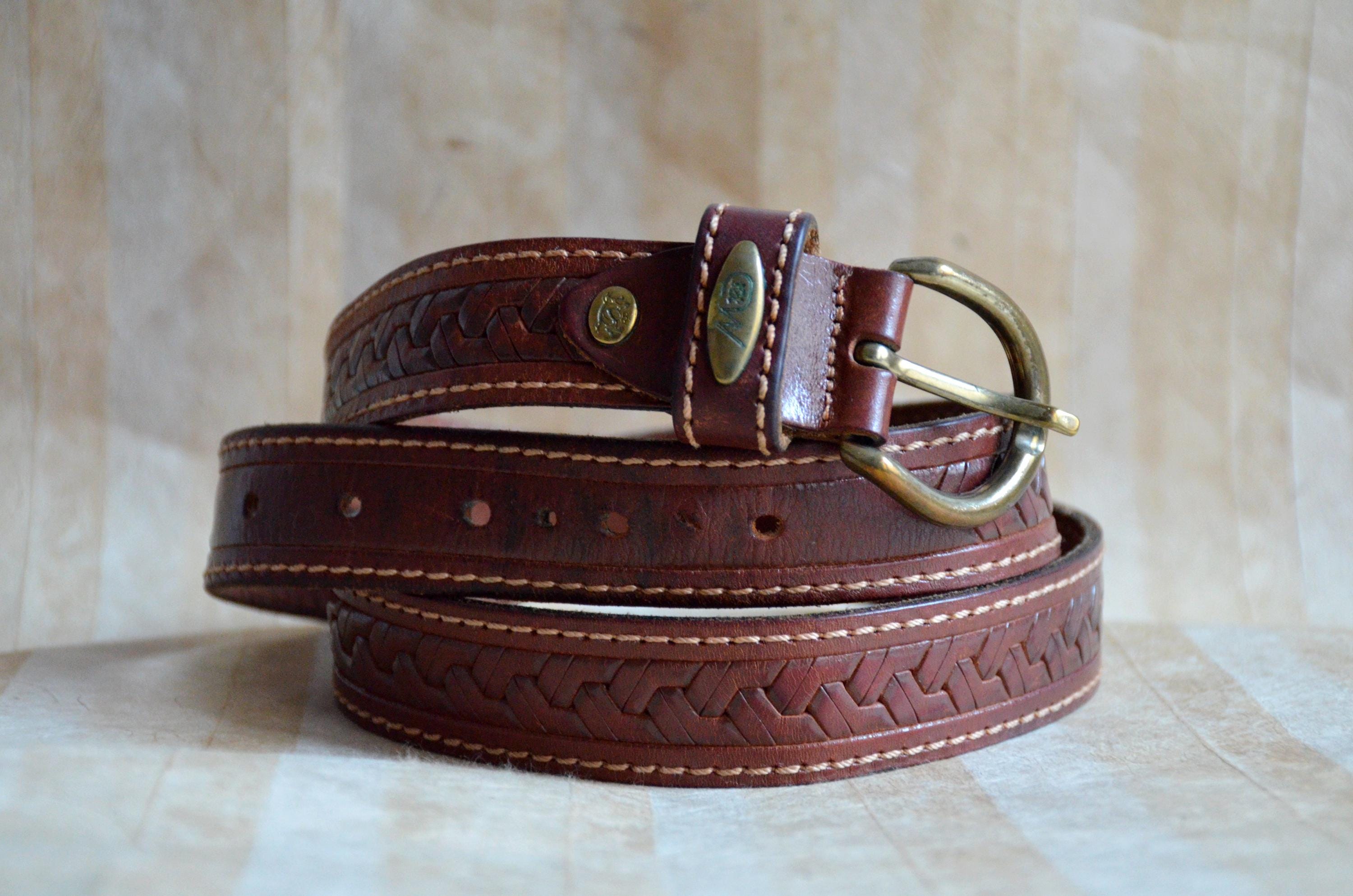 Vintage Tooled Leather Western Belt, Geometric Design, Size  display picture 1