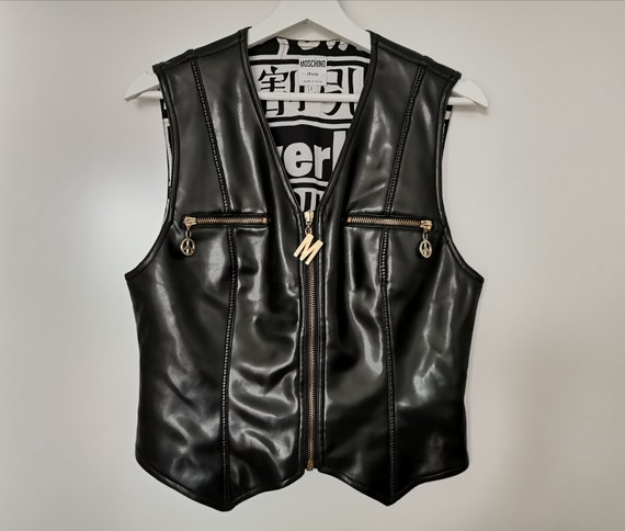 Vintage MOSCHINO Jeans Vest, Faux Leather Corset V
