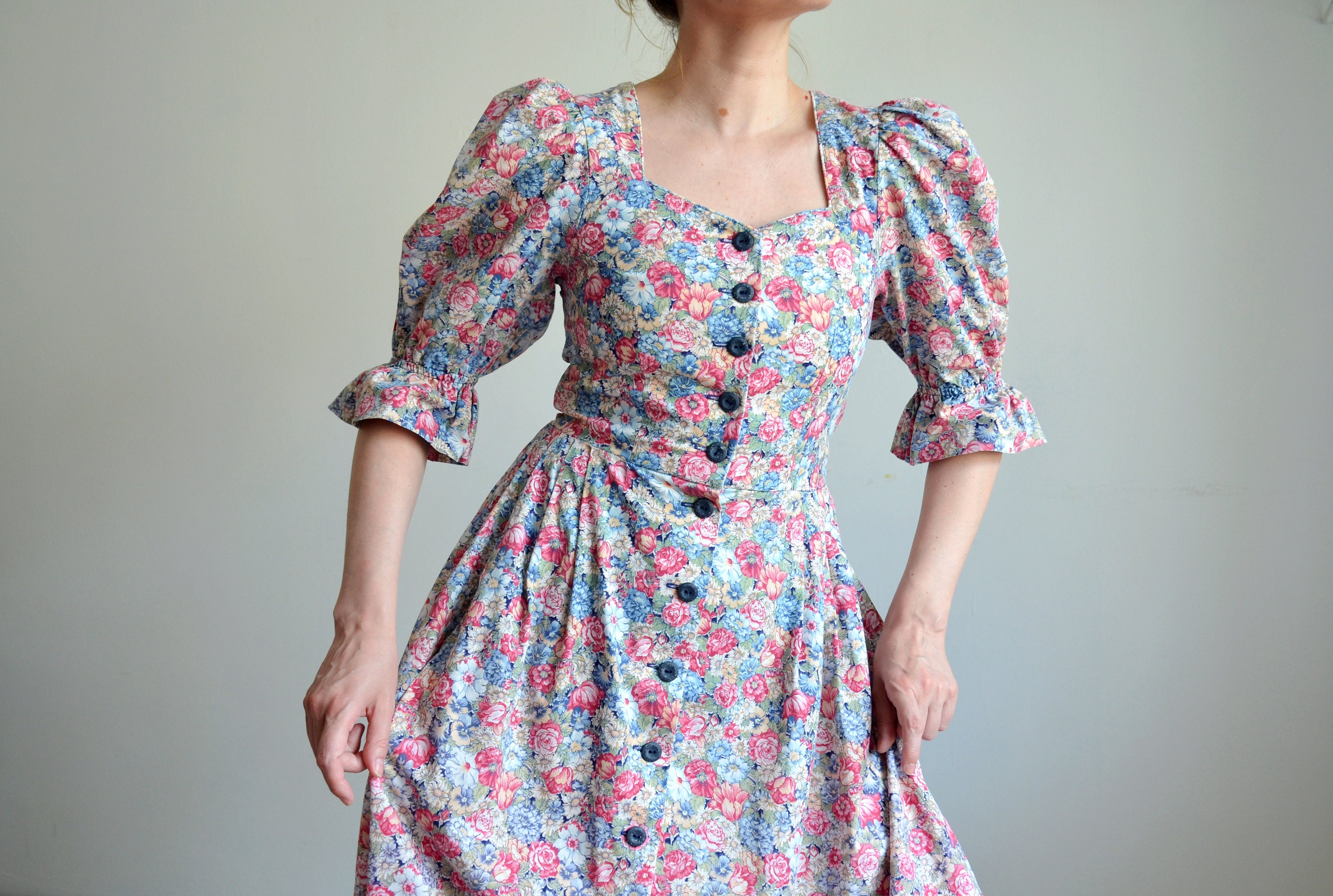 Vintage Floral Print Folk Dress: 90s Cottagecore Dirndl, Size 36 - Etsy