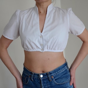 Vintage Dirndl Crop Top with Puff Sleeves, White Folk Button Up Blouse with Lace Detail, Traditional Trachten Blouse, size 38