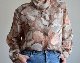Vintage Silk Leaf Print Blouse, Peach Beige Botanical Top