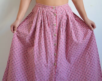 Vintage 90s Trachten Skirt, Austrian Dirndl Skirt, Red Gingham Folk Skirt with Flowers, High Waist Button Down Skirt, Peasant/Oktoberfest