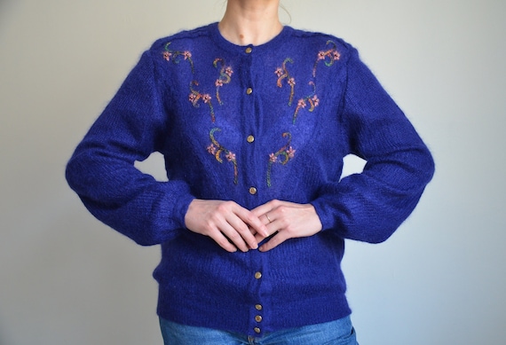 Vintage 80s Mohair Cardigan, Floral Embroidered Knit Sweater - Etsy