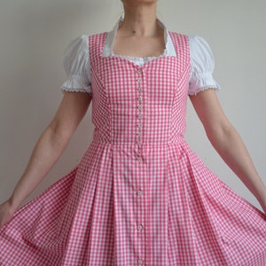 Vintage 90s Austrian Dirndl Dress, Gingham Folk Dress, Pink & White Check Pattern Peasant Dress, Oktoberfest/Cottage core/Tracht, size 40