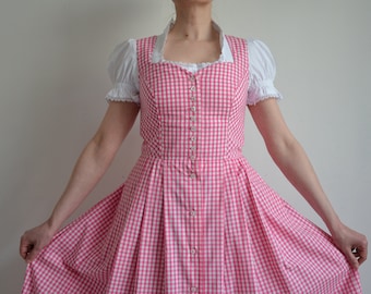 Vintage 90s Austrian Dirndl Dress, Gingham Folk Dress, Pink & White Check Pattern Peasant Dress, Oktoberfest/Cottage core/Tracht, size 40