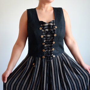 Vintage 90s Linen Austrian Dress, Folk Pinafore Dress, Black & Beige Striped, Bohemian/Festival/Trachten/Peasant/Oktoberfest Dress, size 46 image 1