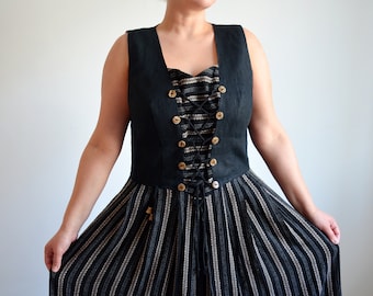 Vintage 90s Linen Austrian Dress, Folk Pinafore Dress, Black & Beige Striped, Bohemian/Festival/Trachten/Peasant/Oktoberfest Dress, size 46