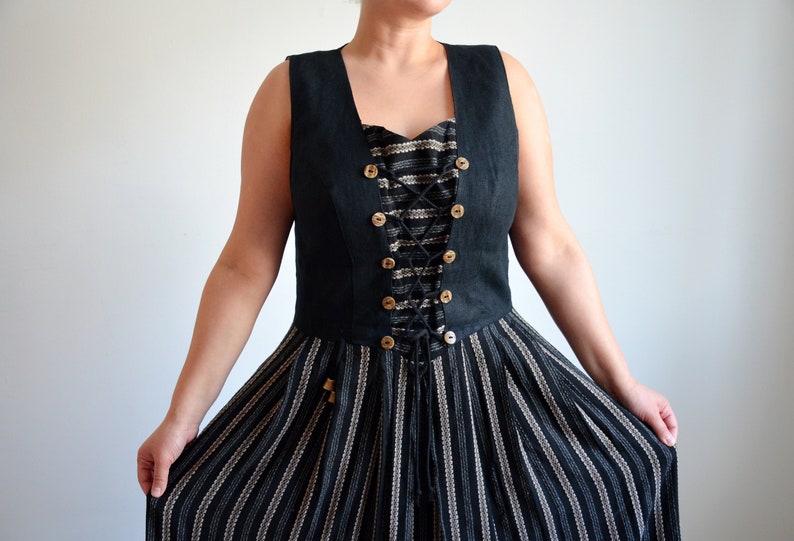 Vintage 90s Linen Austrian Dress, Folk Pinafore Dress, Black & Beige Striped, Bohemian/Festival/Trachten/Peasant/Oktoberfest Dress, size 46 image 1