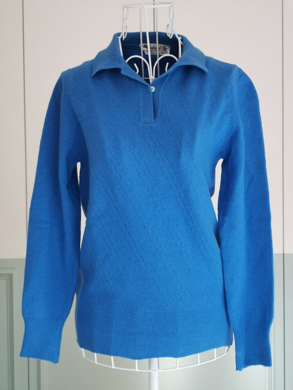 Vintage 70s Blue Lambswool Cable Knit Polo Sweater, Made in Italy