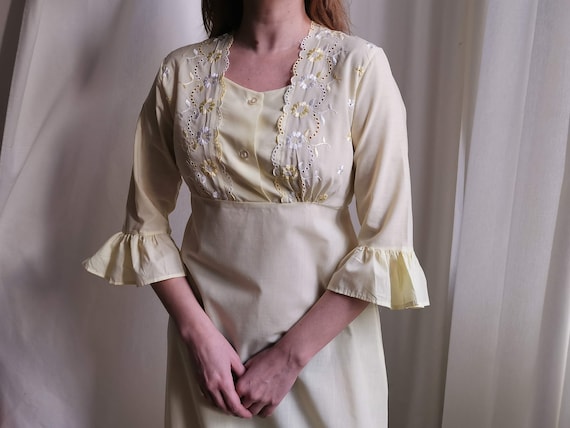 Vintage 70s Long Nightgown, Floral Embroidery Nig… - image 1